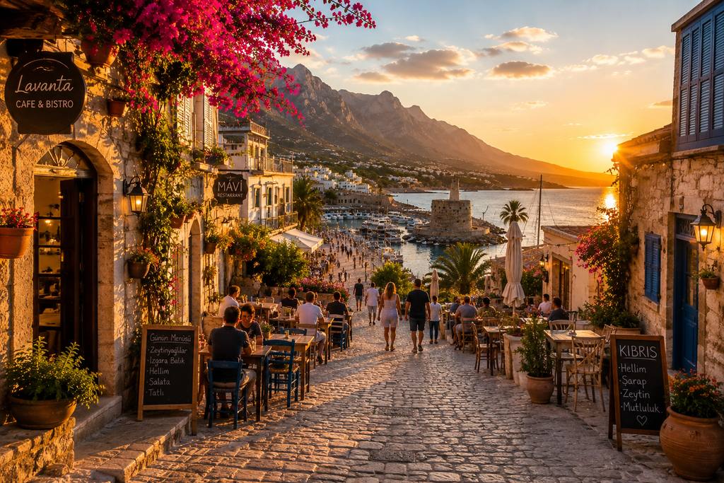 Mediterrane Altstadtgasse mit Restaurants und Blick auf den Hafen in Nordzypern
